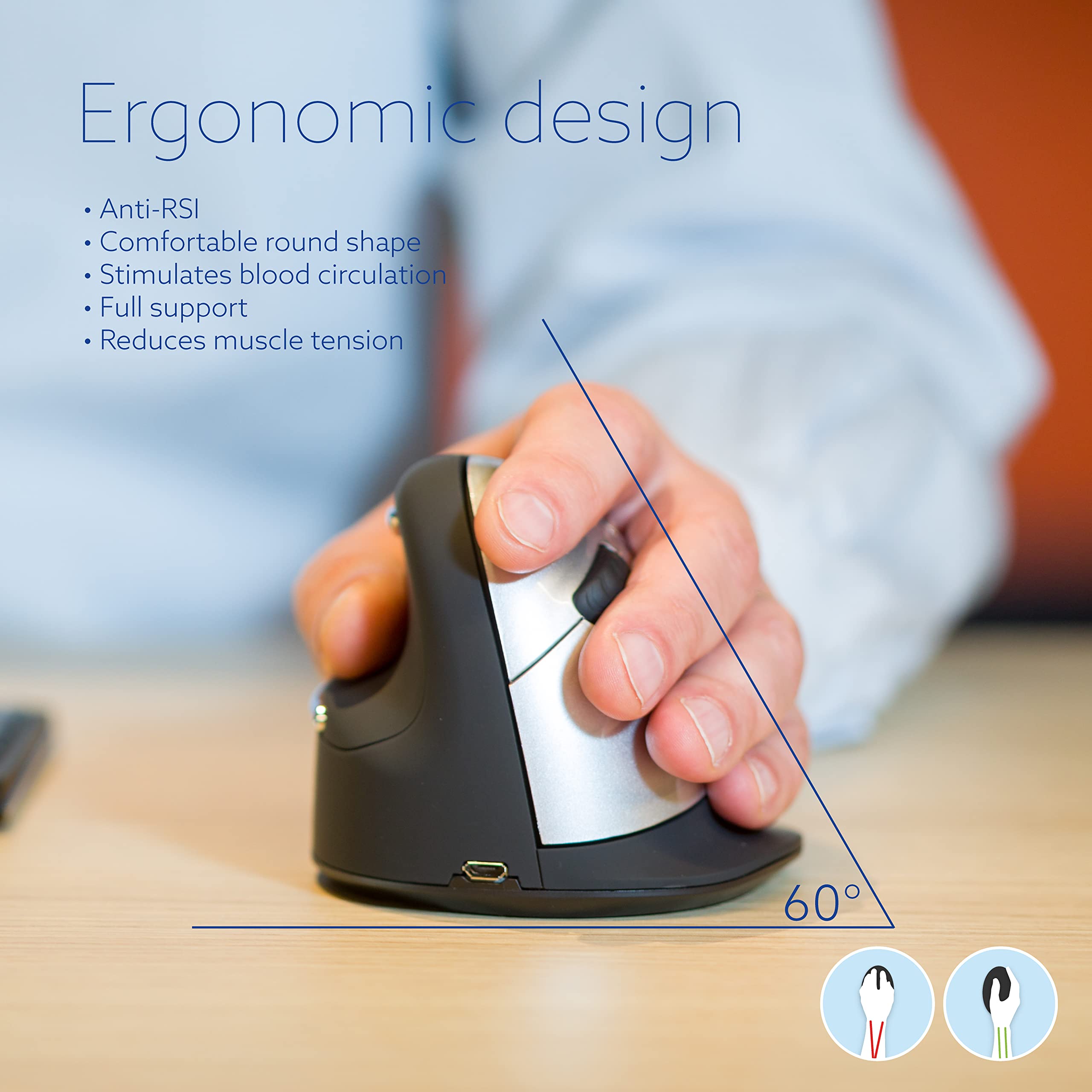 R Go He Vertical Ergonomic Mouse Wireless, Large Left Hand, 1750 Dpi, 5 Buttons, Prevents Tennis Elbow/Mouse Arm Rsi  Compatible